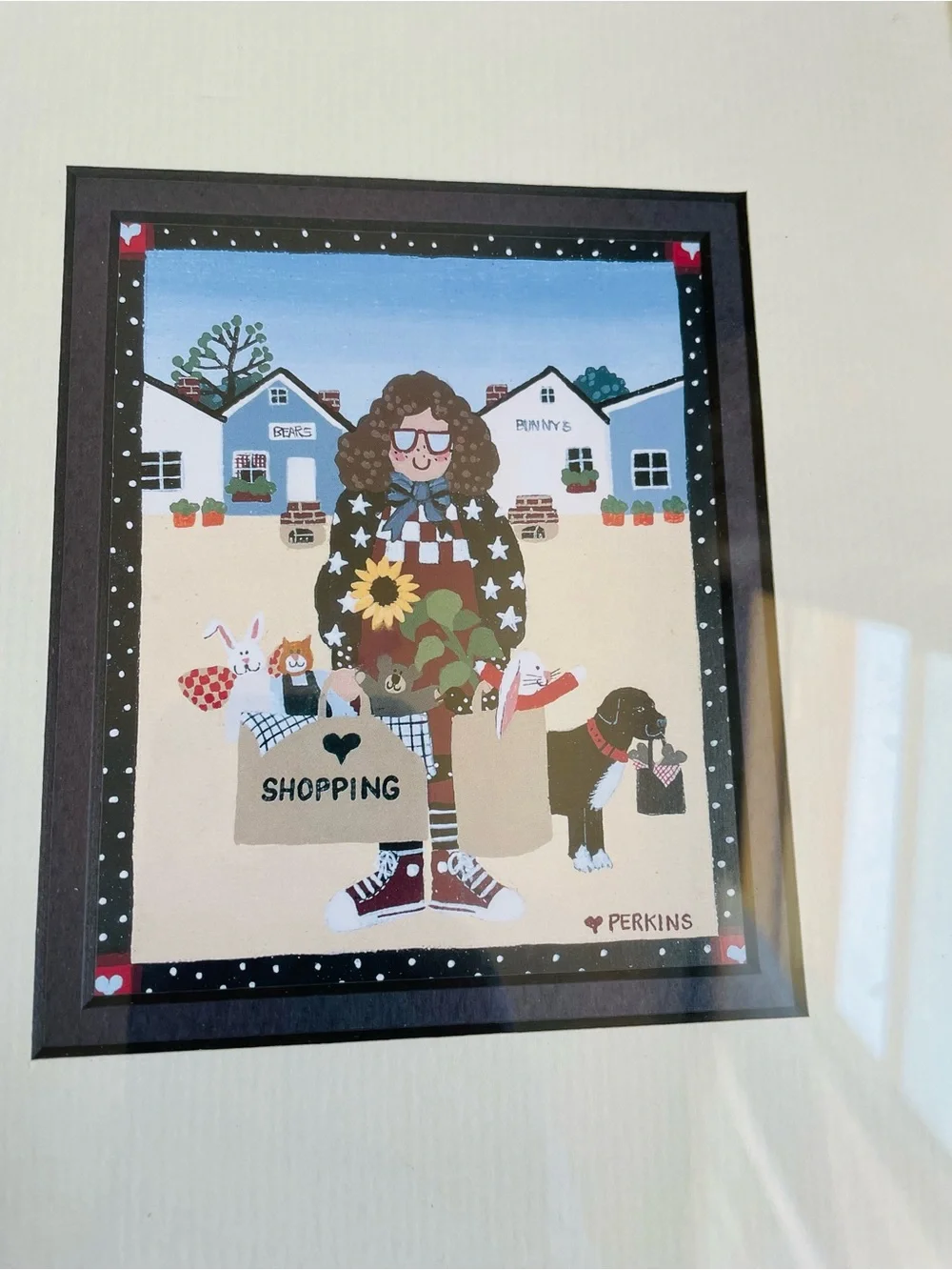 Perkins Shopping Primitive Folk Art Print Red Wood Framed 11x9